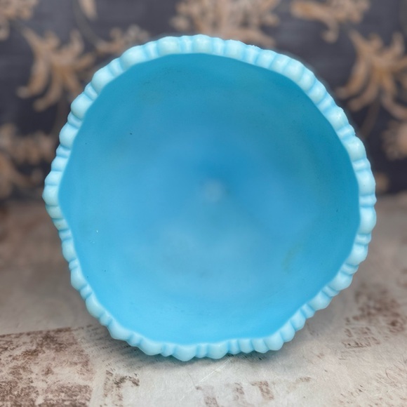 Vintage Fenton Blue Satin Glass Pedestal Compote Bowl Signed Estate - Picture 7 of 11